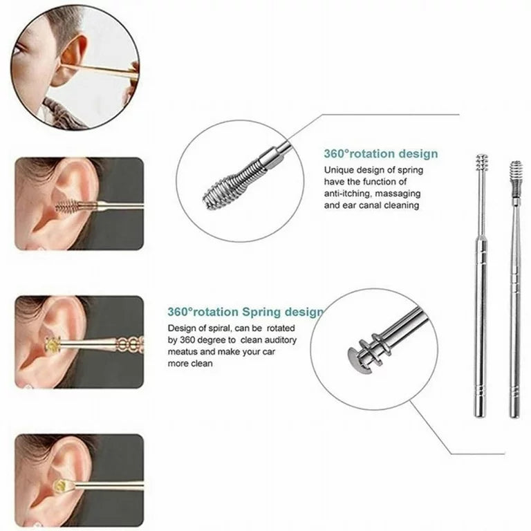 6 PCS Ear Pick Cleaning Set with Storage Bag Spiral Tool Spoon Ear Wax Remover Cleaner - Trend Oye